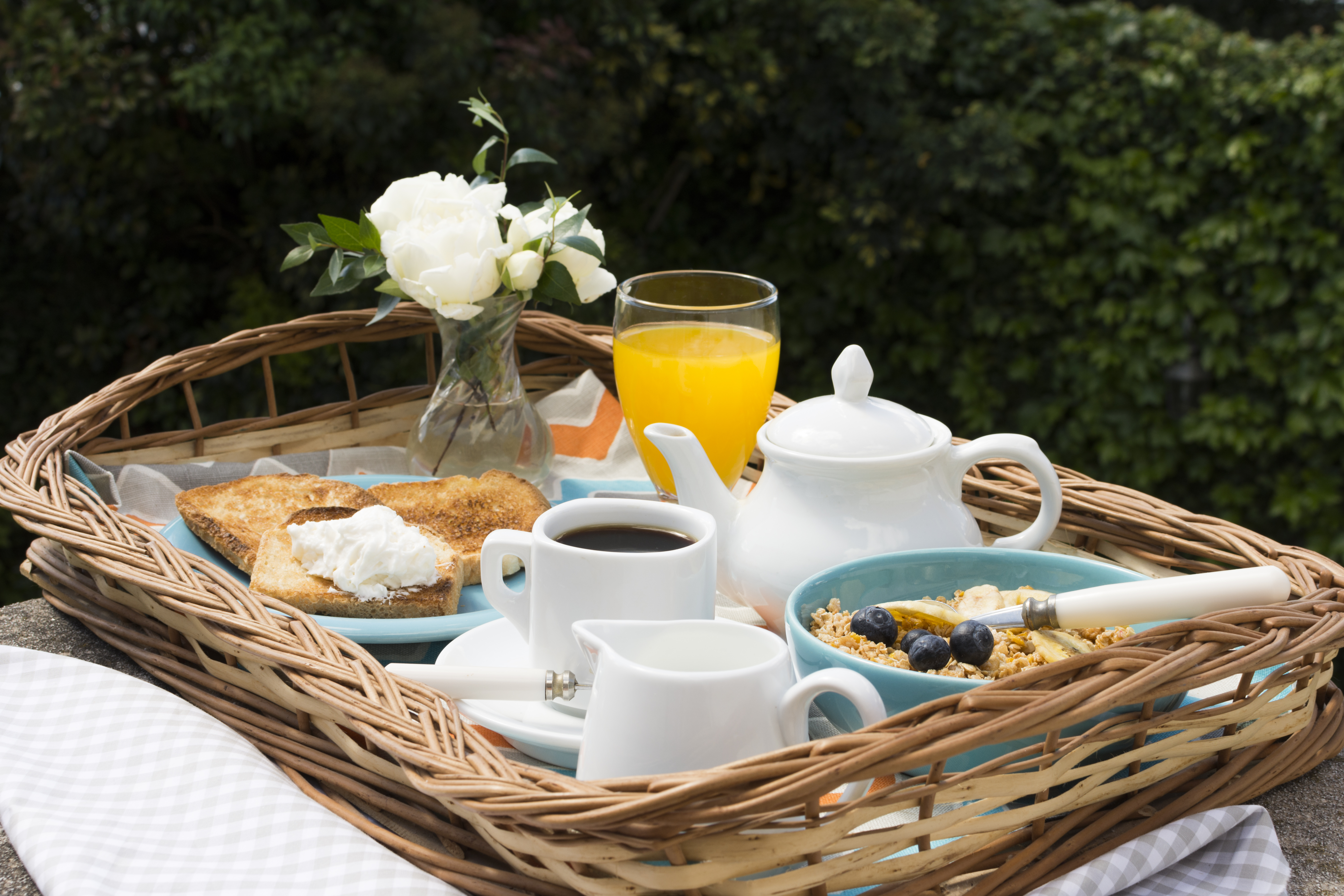 Foto eines reichlich gefüllten Tablettes mit Kaffe, Saft, Müsli und Toast.