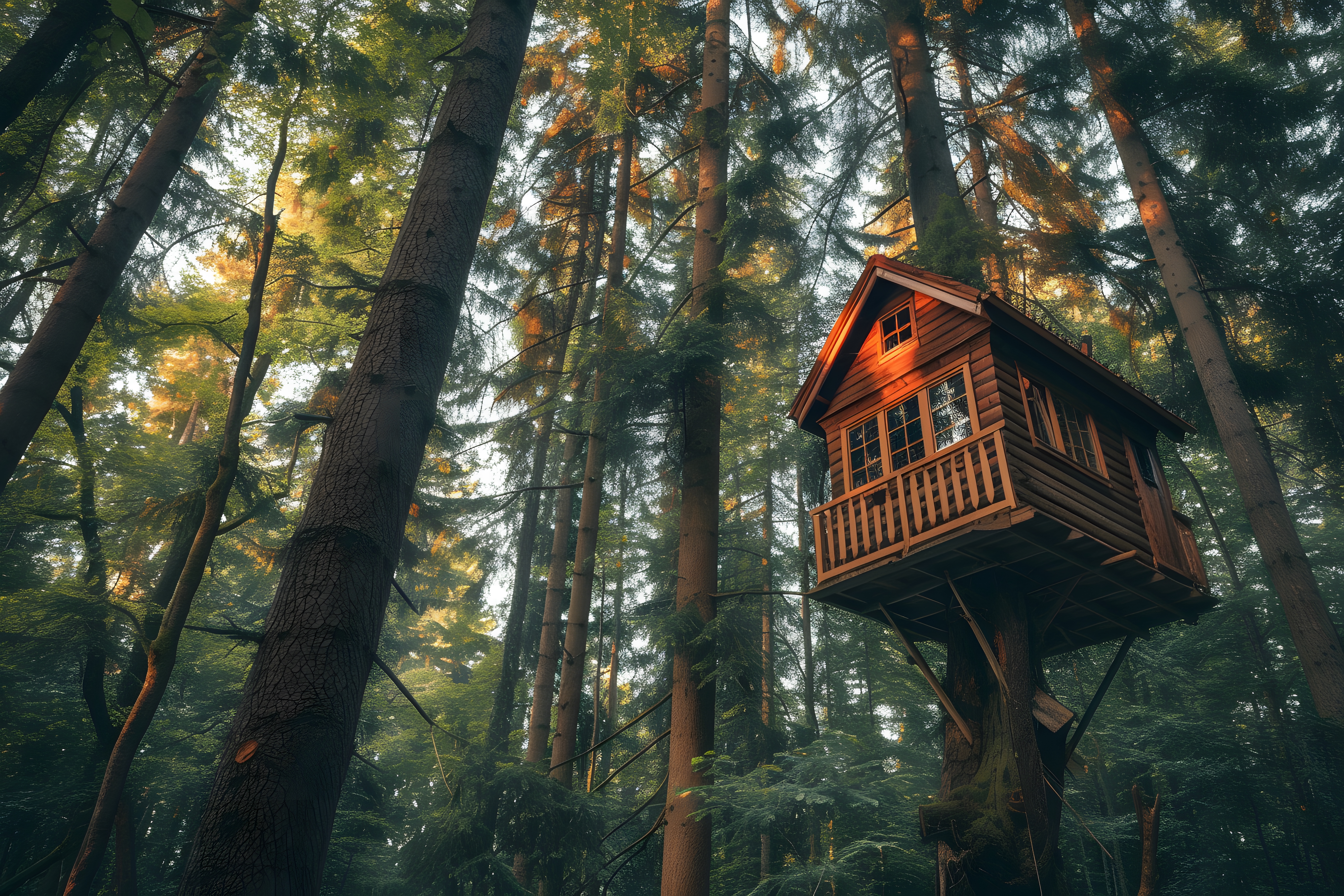 Foto eines hölzernen Baumhauses an einem Baum im Wald.